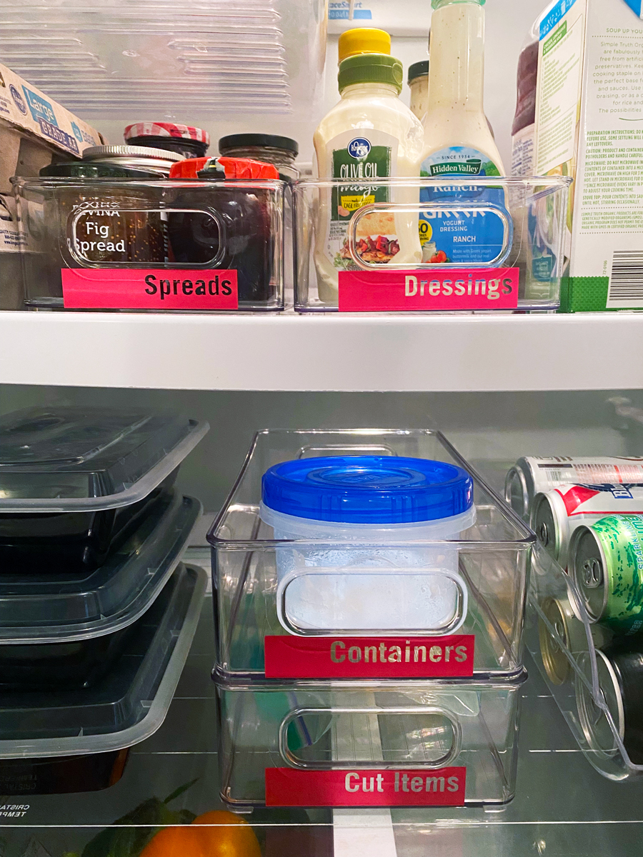 labeled bins inside refrigerator