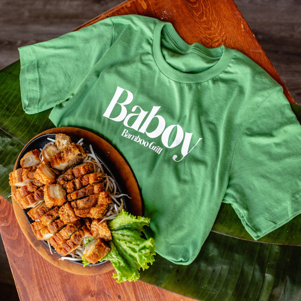 Baboy Bamboo Grill shirt with platter of Baboy