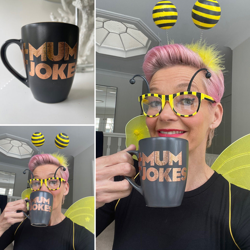 jess rowe in bee costume with #mumjokes mug