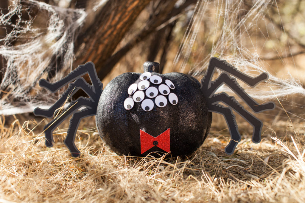 Black pumpkin decorated as tarantula