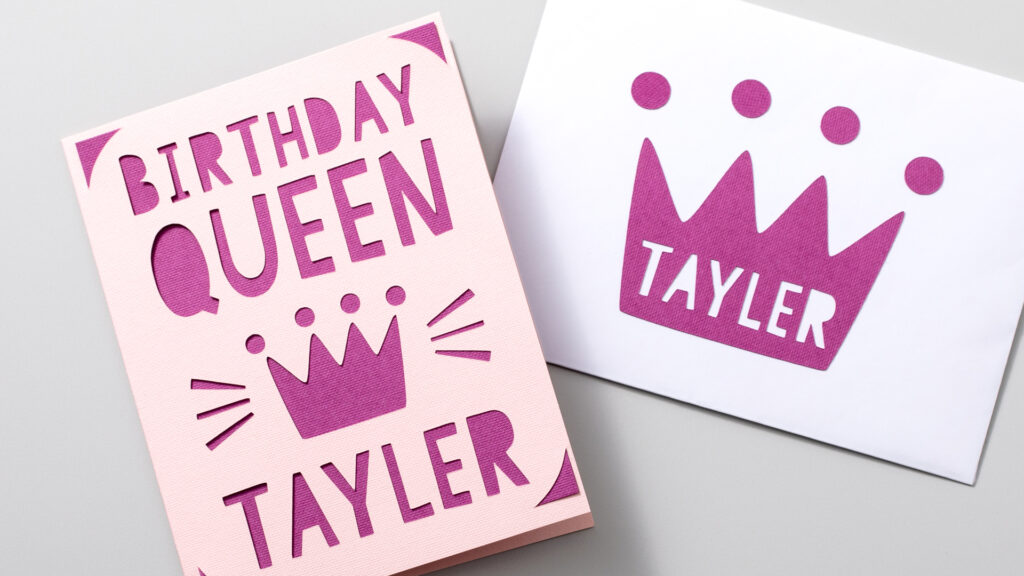 Final Birthday Queen greeting cards and envelopes with paper crown