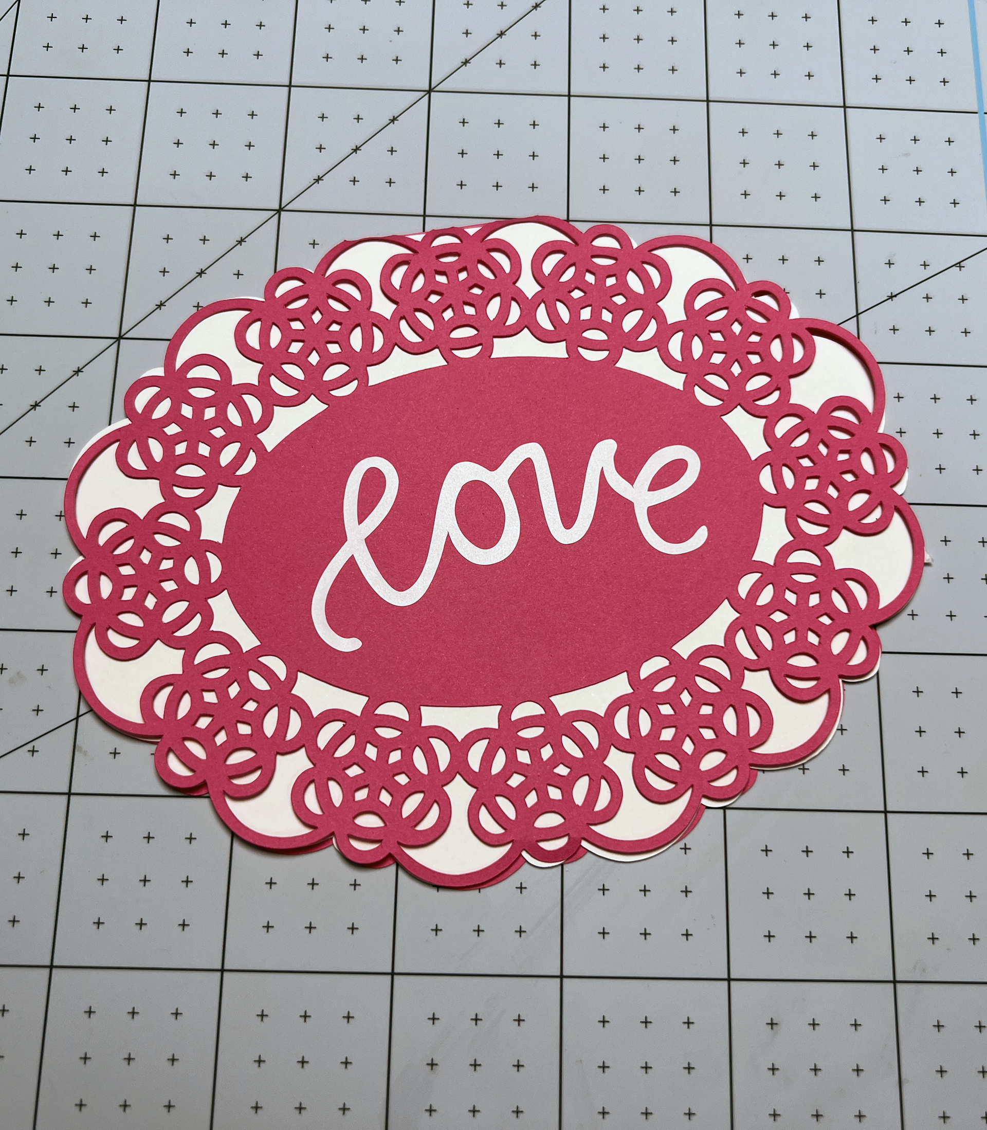 Front of homemade doily Valentine's Day card