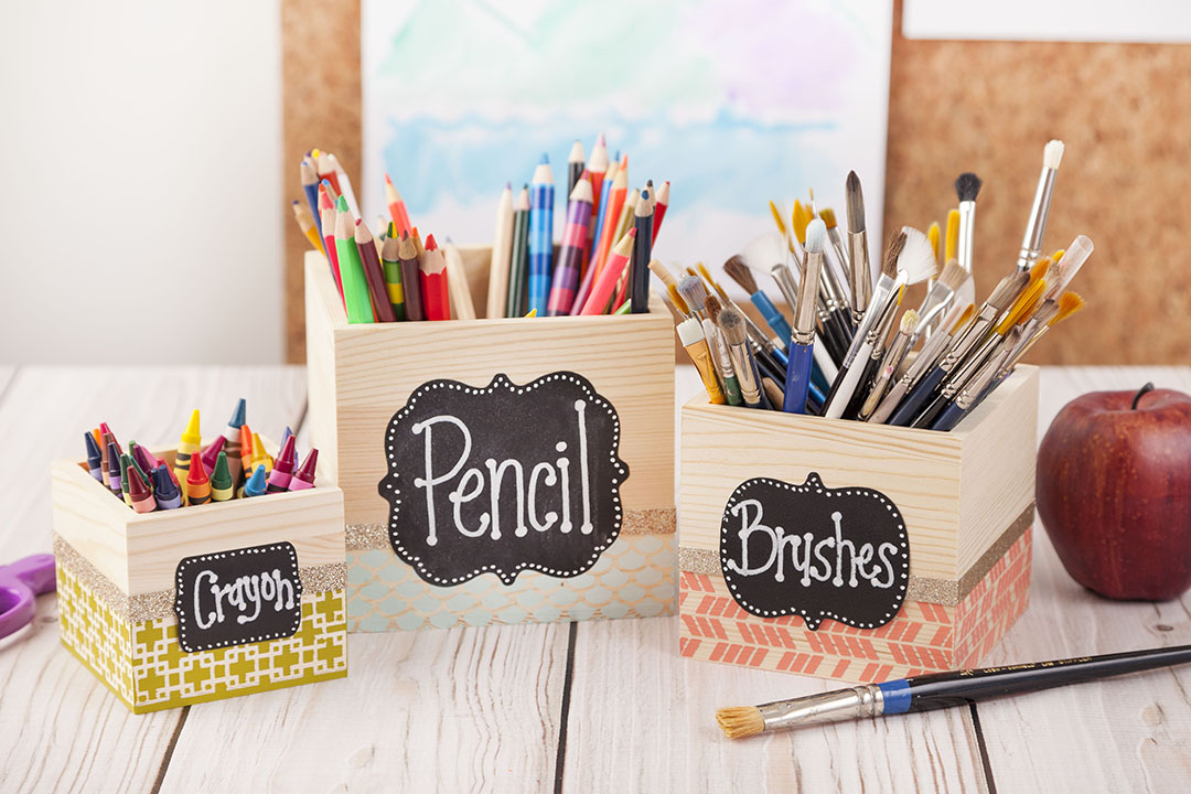 Wooden art containers with chalkboard labels