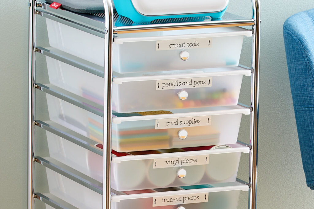 Labelled drawers on a craft cart 
