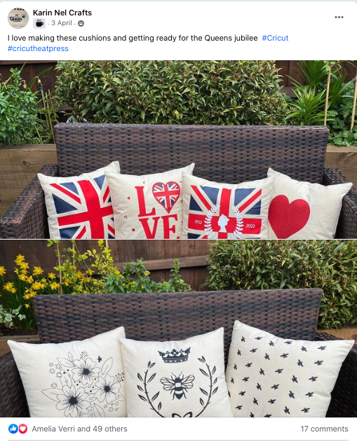 Selection of cushions with British designs for jubilee made with Cricut
