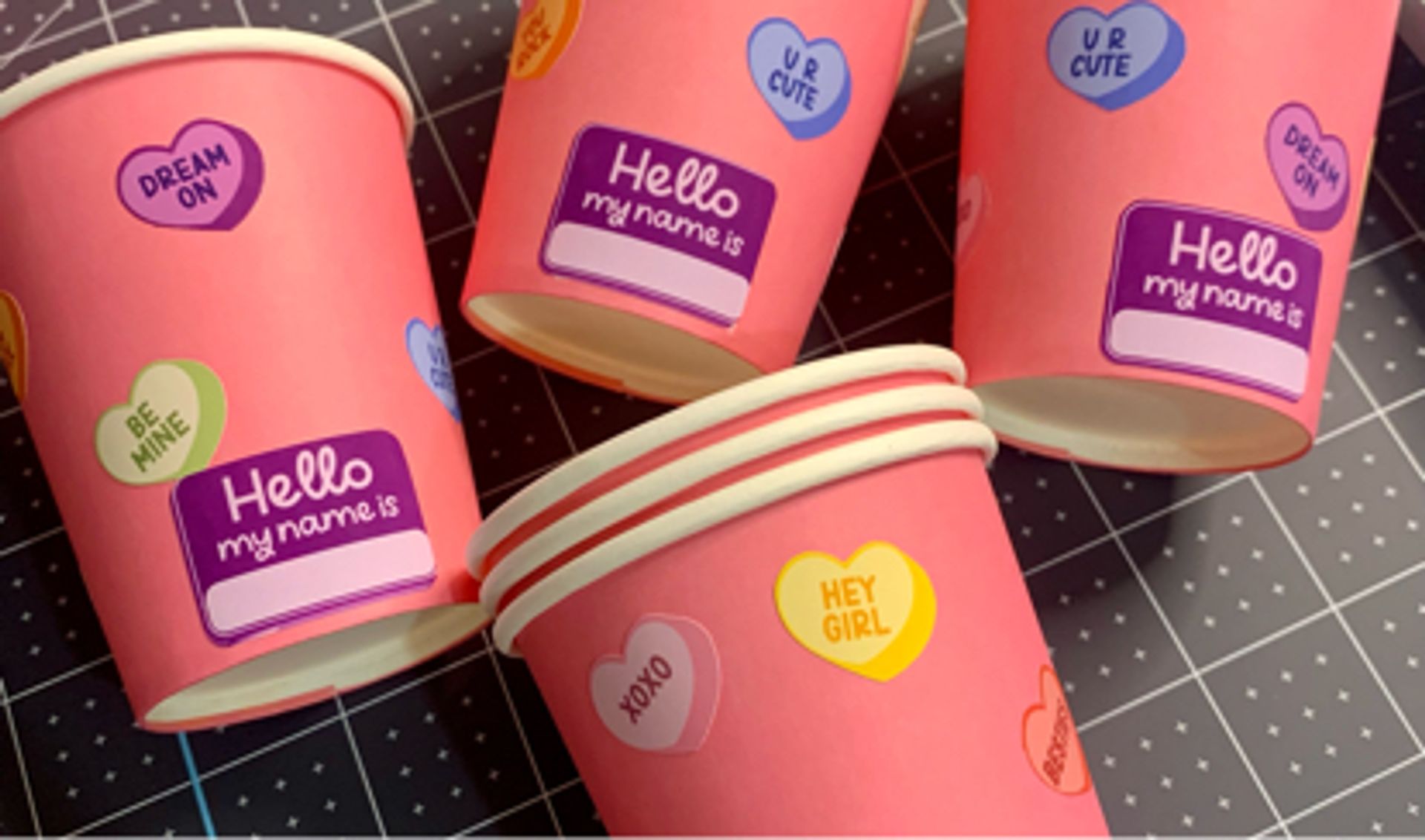 Candy Hearts Stickers and Name Tags on Drink Cups