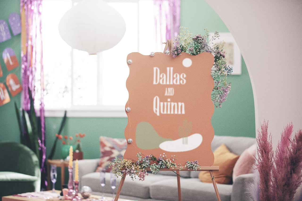 Groovy disco cowboy engagement party sign