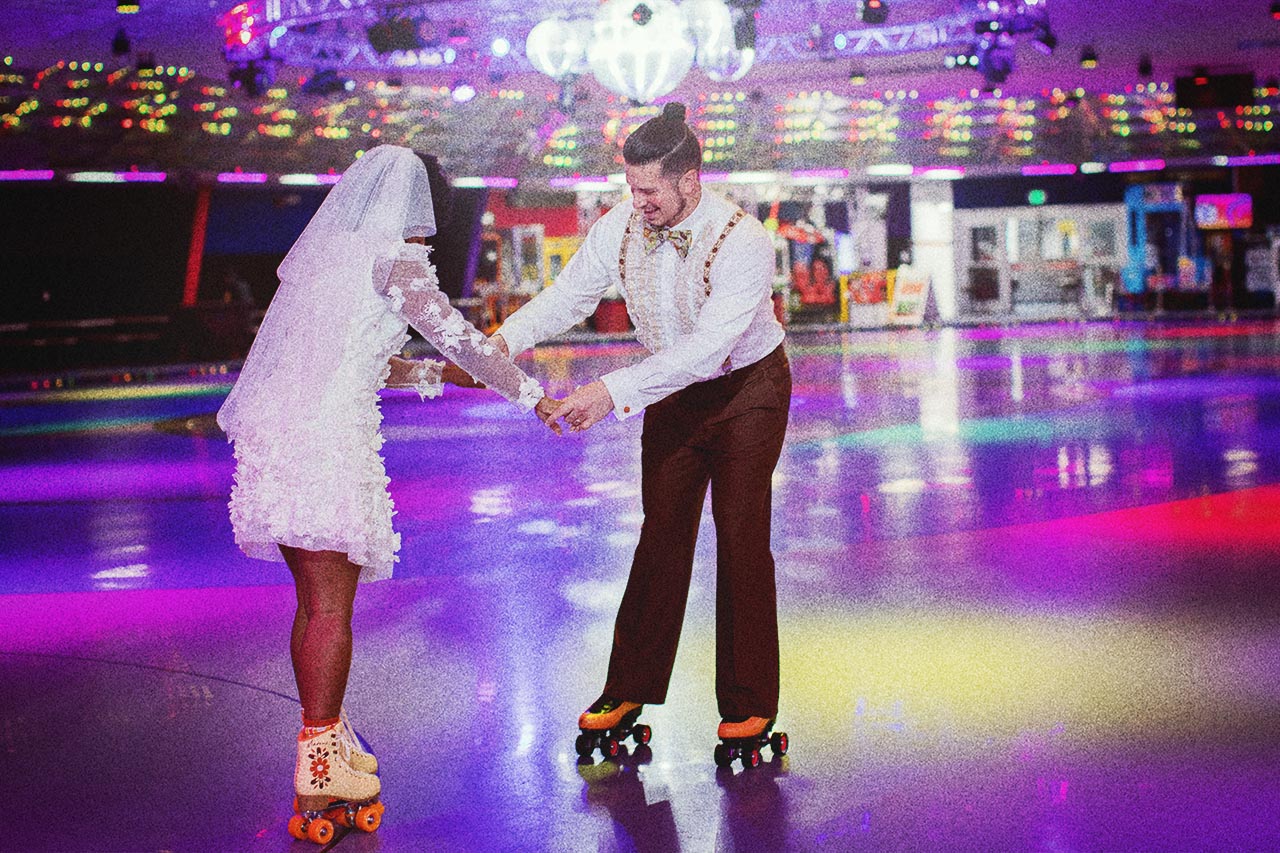 Groovy retro wedding suspenders and roller skates