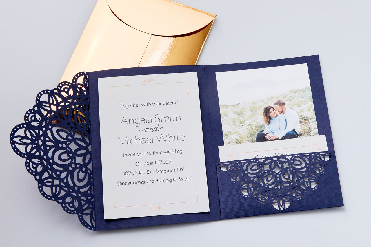 Vintage royal blue wedding invitation suite made with Cricut