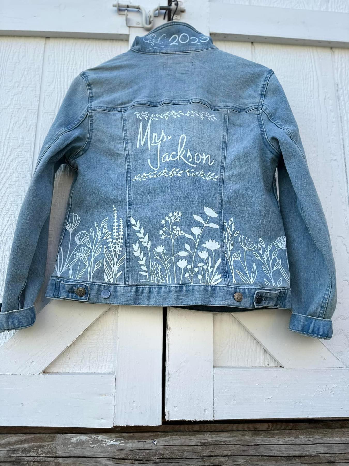 Personalized wedding jean jacket made with Cricut