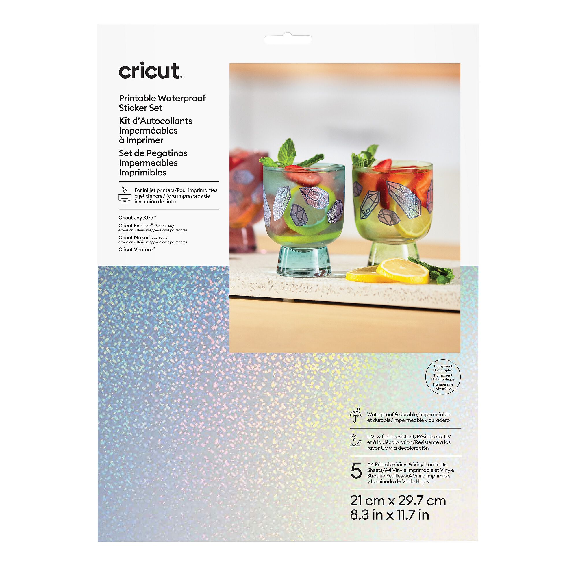Cricut™ Printable Waterproof Holographic Sticker Set – A4 | 5 Count | Transparent