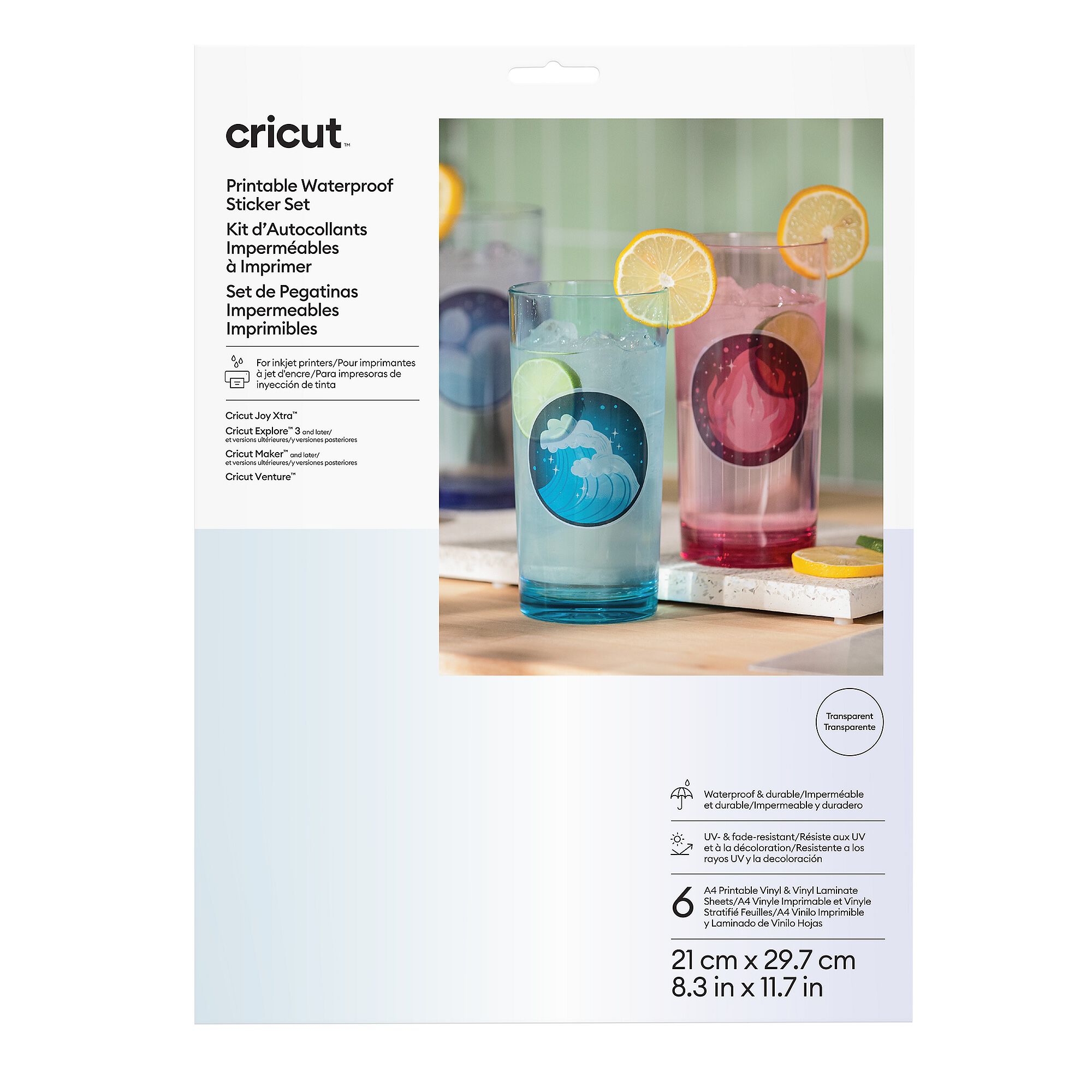 Cricut™ Printable Waterproof Sticker Set – A4 (6 Count) | Transparent