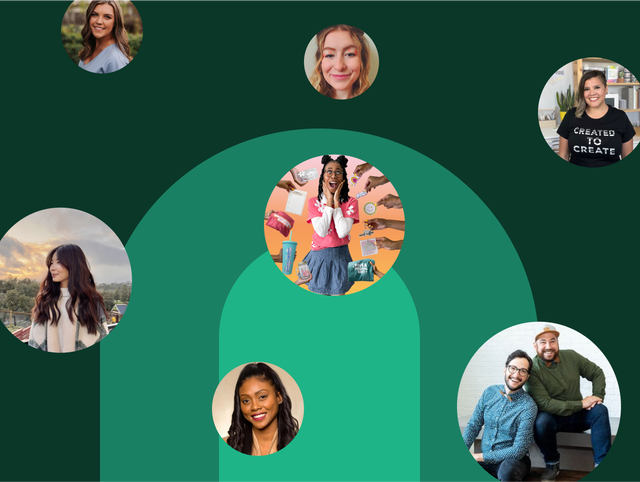 Community member profile images on a green background