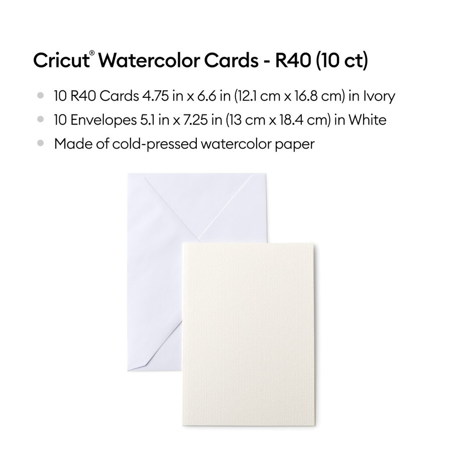 Contenido del pack Cricut Watercolor Cards R40 con tarjetas y sobres blancos