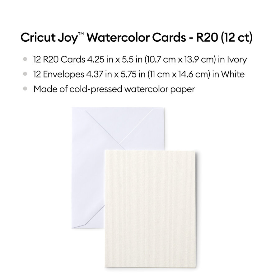 Contenido del pack Cricut Watercolor Cards R20 con 12 tarjetas y 12 sobres blancos